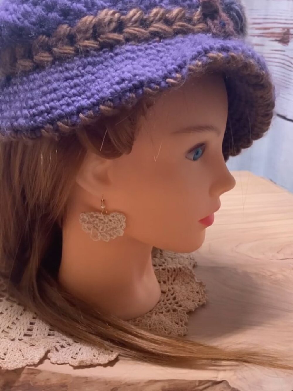 Handselected Boho Crochet Lined Hat & Handcrafted Lace Earring Boutique Set - Picture 7 of 8